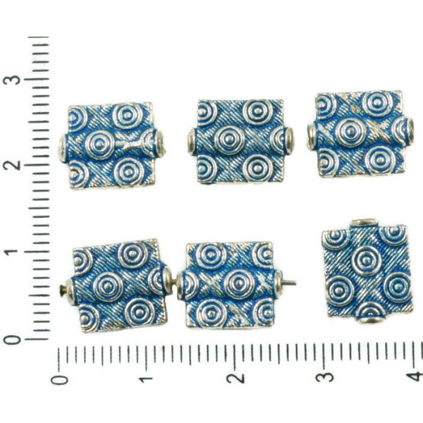 12pcs Antique Ton Argent Bleu Patine de Lavage à Plat Rectangle Tube Cercle Rayé Perles des Deux côt - Photo n°1