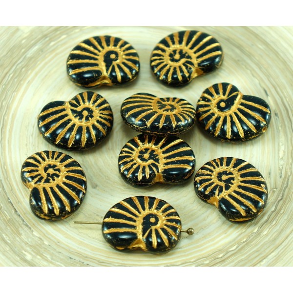 4pcs Or Mat Opaque Noir Sculpté Verre tchèque Coquille d'Ammonite Fossile Perles de 17mm x 13mm - Photo n°1