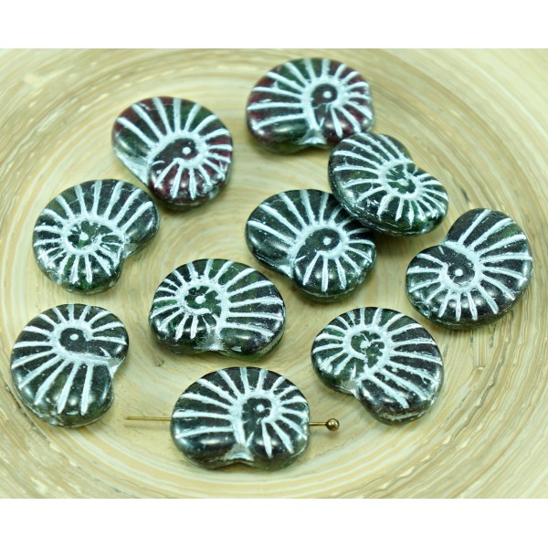 4pcs Matte Silver Mélange Sculpté Verre tchèque Coquille d'Ammonite Fossile Perles de 17mm x 13mm - Photo n°1
