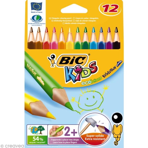 Crayons de couleur triangulaires Bic Kids Evolution - 12 crayons  écologiques - Crayon de coloriage - Creavea