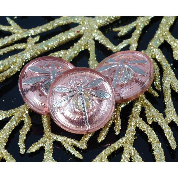 1pc Main tchèque Bouton de Verre de Petit Argent Libellule Valentine Rose Taille 8, 18mm - Photo n°1