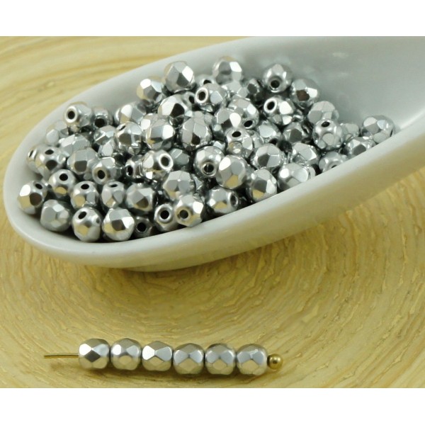 100pcs Metallic Silver Ronde à Facettes Feu Poli Verre tchèque Perles de Petit Écarteur 3mm - Photo n°1