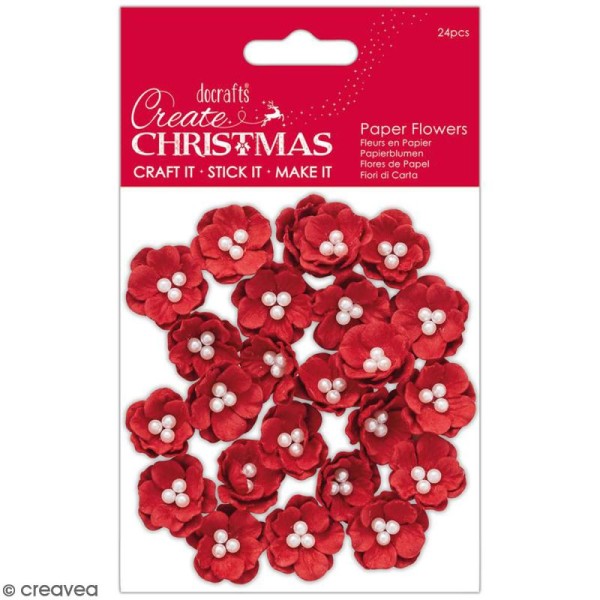 Fleurs décoratives en papier - Create Christmas - Fleurs rouges à perles - 24 pcs - Photo n°1