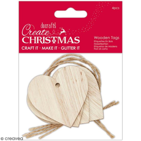 Etiquette en bois à personnaliser Create Christmas - Coeur - 6 x 6 cm - 4 pcs - Photo n°1