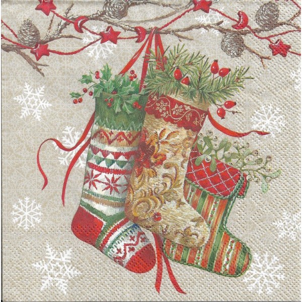 4 Serviettes en papier Chaussettes de Noël Décoration Format Lunch Decoupage Decopatch L-789266 IHR - Photo n°1