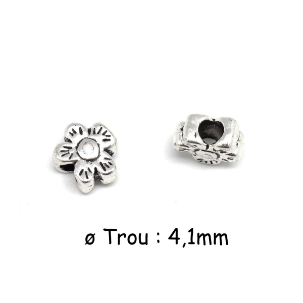 4 Perles Fleur Argenté À Gros Trou En Métal Pour Cordon De 4mm - Photo n°1