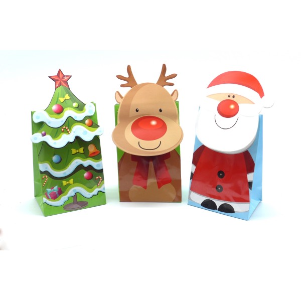 3 Pochettes Cadeaux Motif Père Noël, Sapin Et Cerf 19 X 8,5cm En Papier Glacé - Photo n°1