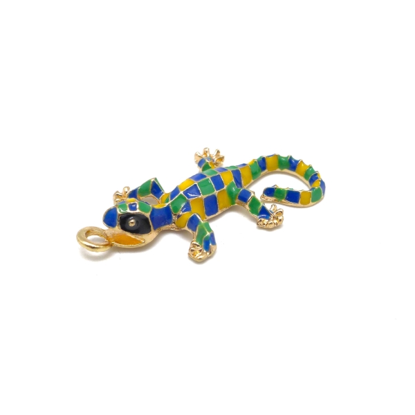1 Breloque Salamandre, Gecko, Lézard En Métal Doré Émaillé Mosaïque De Couleur Jaune, Bleu Et - Photo n°1