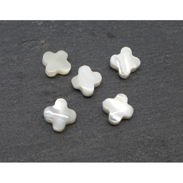 5 Perles Fleur En Nacre, Croix 7mm De Couleur Ivoire Nacré - Photo n°1