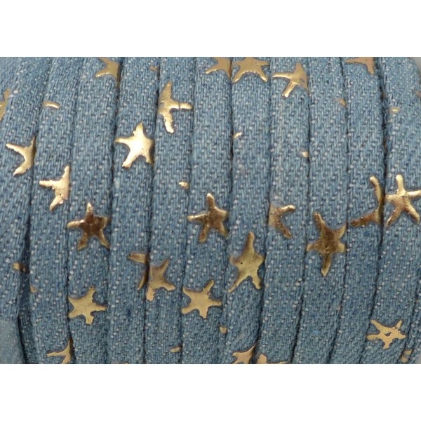 R-1m Lanière 5mm En Jeans Devin Délavé Coton Tissé Motif Étoile Doré Bleu Jeans Délavé - Photo n°2