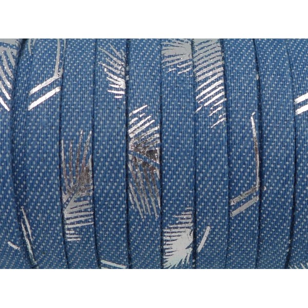 1m Lanière 5mm En Jeans Denin Coton Tissé Motif Plume Argenté Bleu - Photo n°2