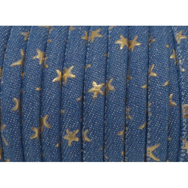 R-1m Cordon Jeans 6mm Bleu Et Motif Étoiles Peint En Doré En Coton Style Bohème Chic - Photo n°2
