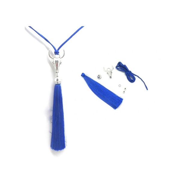 R-kit Sautoir Tête De Buffle Bleu Roi Bleu Électrique Et Métal Argenté - Collier Tête De Taurea - Photo n°1