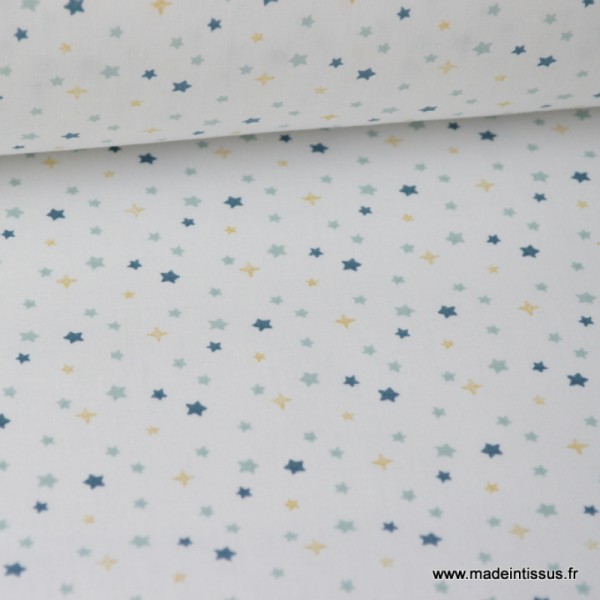 Tissu coton imprimé étoiles Or, menthe et indigo sur fond blanc Oeko Tex Thème Hiver Noel .x1m - Photo n°1