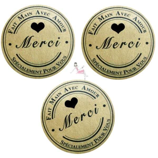 48 Etiquettes MERCI, Fait main avec amour + coeur, stickers adhésifs 3,5 cm - Photo n°1