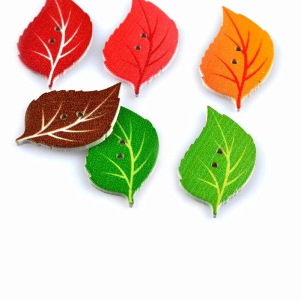 10 Boutons feuilles, arbre, en bois peint, 3,5 cm, 2 trous, DIY - Photo n°1