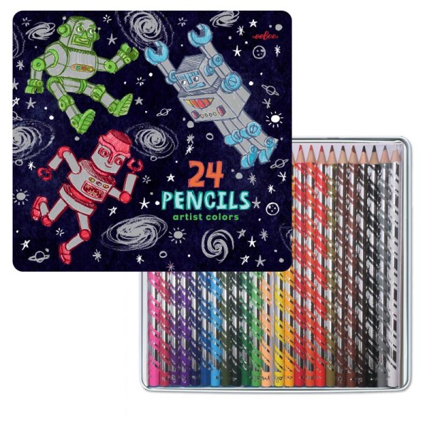 Boite fer 24 crayons de couleur- robots argentés - Photo n°1