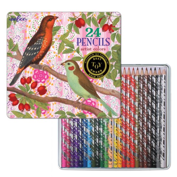 Boite fer 24 crayons de couleur- oiseaux et baie - Photo n°1