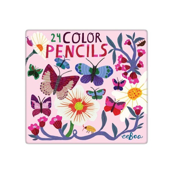 Boite fer 24 crayons couleurs papillons et fleurs - Photo n°2