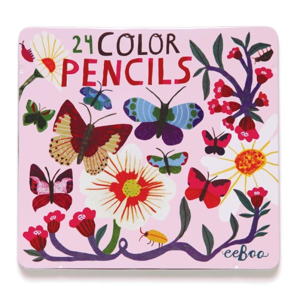Boite fer 24 crayons couleurs papillons et fleurs - Photo n°3