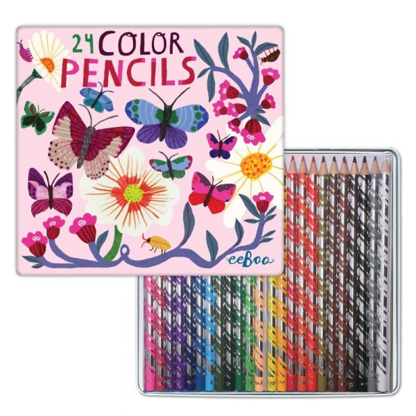 Boite fer 24 crayons couleurs papillons et fleurs - Photo n°1