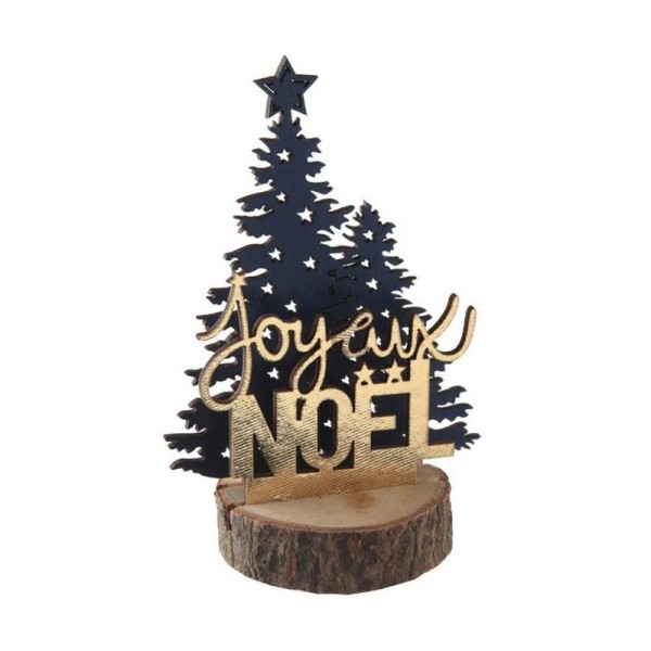 Décor Joyeux Noël bleu marine et or métallisé sur rondin de bois - Photo n°1