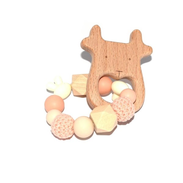 Hochet - Anneau de dentition élan et perles crochet, silicones beiges - Photo n°1