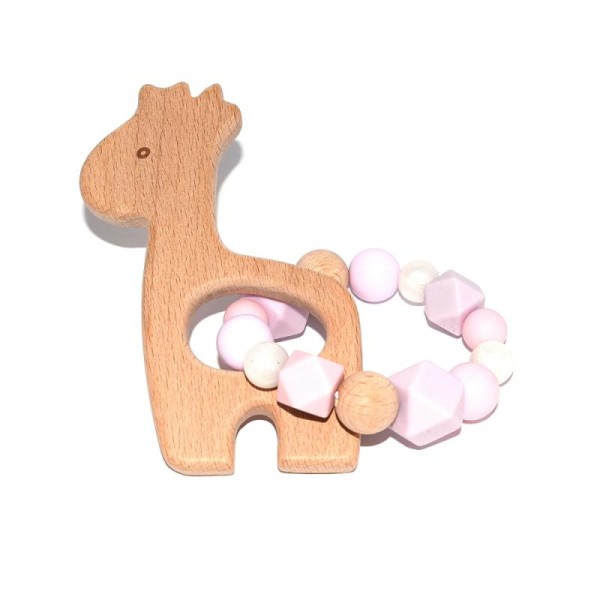 Hochet - Anneau de dentition girafe et perles silicones roses - Photo n°1