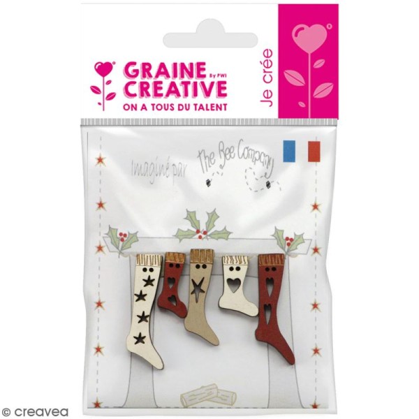 Assortiment de boutons en bois décoratifs - Chaussettes de Noël - 5 pcs - Photo n°1