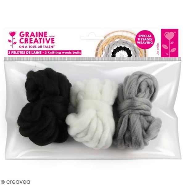 Assortiment pelotes de laine XL - Blanc, gris, noir - 3 pcs - Photo n°1