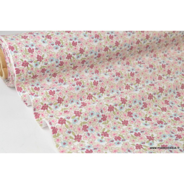 Tissu coton imprimé fleurs et fleurettes rose, prune et menthe - Photo n°2
