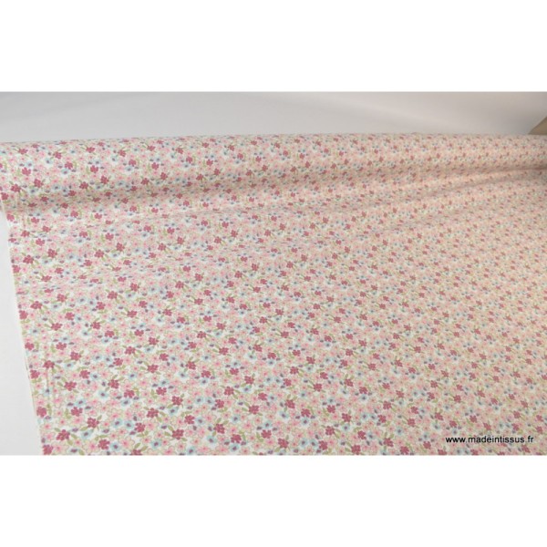 Tissu coton imprimé fleurs et fleurettes rose, prune et menthe - Photo n°3