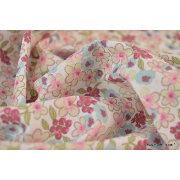 Tissu coton imprimé fleurs et fleurettes rose, prune et menthe - Photo n°4