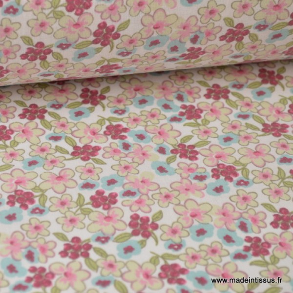 Tissu coton imprimé fleurs et fleurettes rose, prune et menthe - Photo n°1