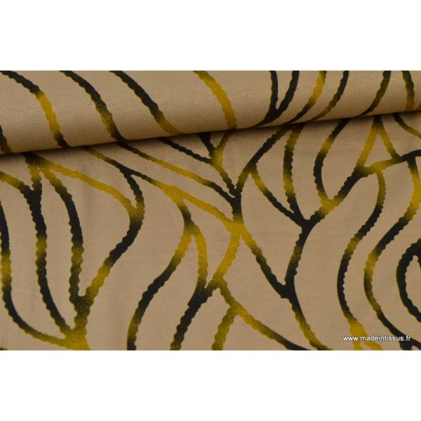 Tissu jersey Viscose imprimé ondulation jaune sur beige - Photo n°1