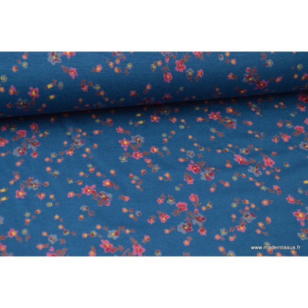 Tissu jersey Viscose imprimé petites fleurs fond Pétrole - Photo n°1