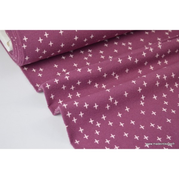 Tissu Flanelle imprimé petites croix fond violet prune - Photo n°1