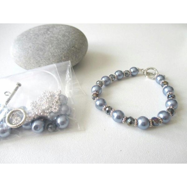 Kit bracelet perles en verre bleu gris - Photo n°1