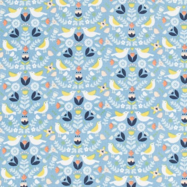 Tissu velours milleraies bird & flowers - Bleu - Oeko-Tex® - Photo n°1