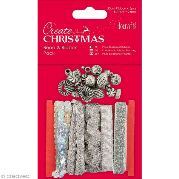 Kit ruban et perles - Create Christmas - Argenté - Photo n°1