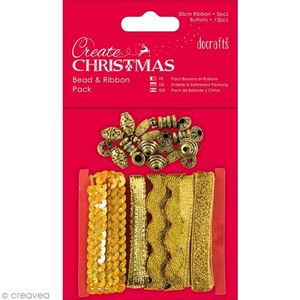 Kit ruban et perles - Create Christmas - Doré - Photo n°1