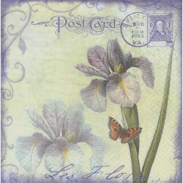 4 Serviettes en papier Fleur Iris Papillon Carte Postale Format Lunch - Photo n°1