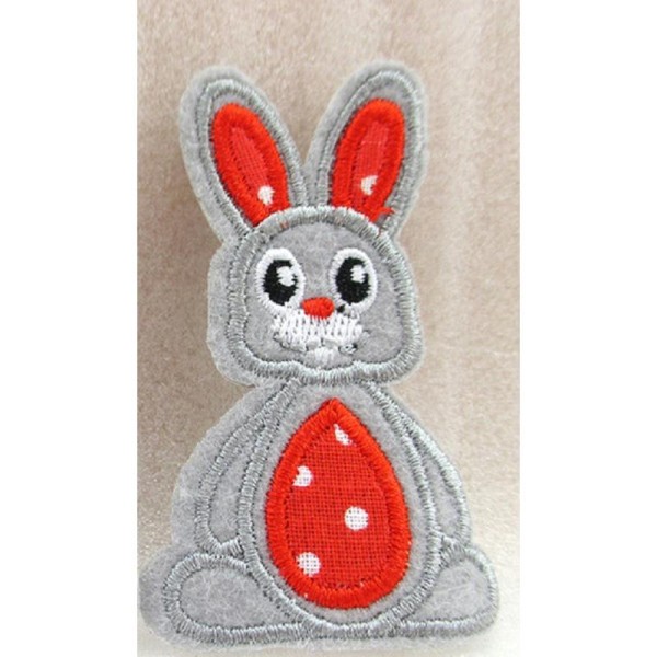 APPLIQUE TISSU THERMOCOLLANT : lapin gris rouge 60*35mm - Photo n°1