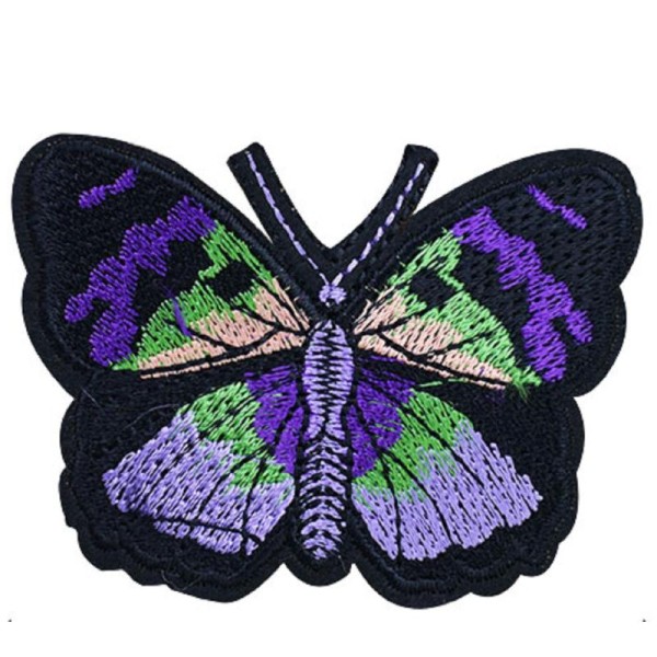 APPLIQUE TISSU THERMOCOLLANT : papillon mauve/vert/noir 65*55mm - Photo n°1
