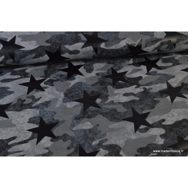 Tissu jersey French terry Oeko tex imprimé Camouflage et étoiles Gris - Photo n°1