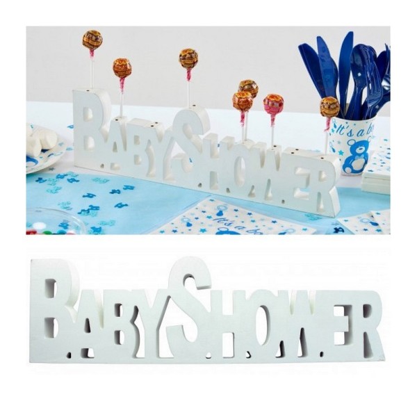 Centre de table Baby Shower en Bois Blanc, dim. 40 x 12 cm, décoration fête bébé - Photo n°1