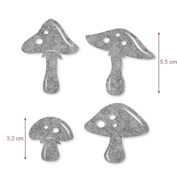 Lot de 4 petits Champignons en Feutrine Grise, dim. 3,3 à 5,5 cm, à épandre, scrapbooking - Photo n°1