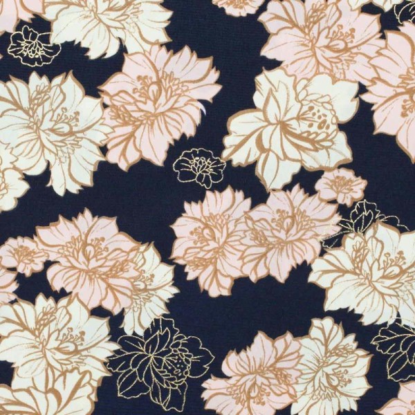 Tissu fleurs dorées - Bleu marine, rose et doré - Photo n°1