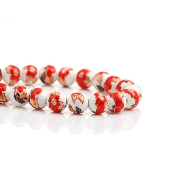 10 Perles Céramique Rondes 8mm Fleurs Rouges - création Bijoux -SC0112558- - Photo n°1