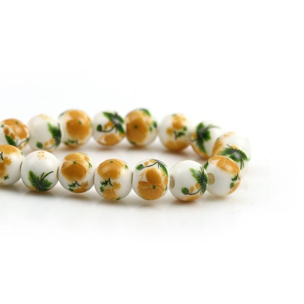 10 Perles Céramique Rondes 8mm Fleurs Jaune- création Bijoux -SC0112563- - Photo n°1